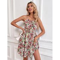 Vestido corto de verano nuevo elegante sin mangas con estampado y correa elástica en la cintura para mujer. - details 16