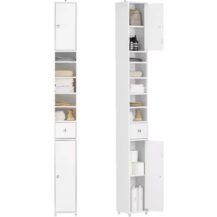 Mueble Columna de Baño con Estantes Armario Alto Estanterías con 2 Puertas y 1 Cajón Blanco 20 x 20 x 180 cm BZR34-W ES - 1