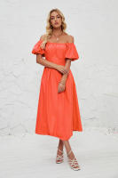 Vestido de verano de color liso plisado de cintura alta con mangas cortas y hombros descubiertos para mujer - details 1