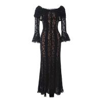 Mingmingxi Vestido de noche largo con manga acampanada para mujer, color negro, largo, para invitados de boda - details 4