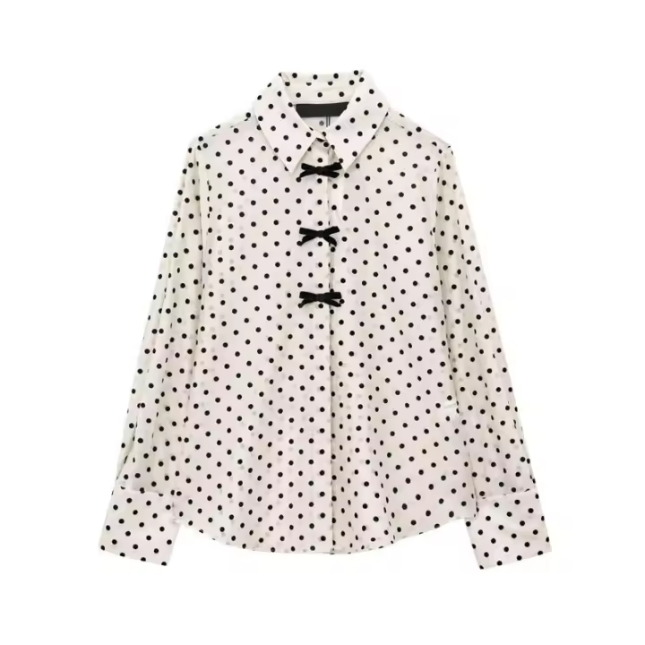 OUWU- Camisas De Lunares Para Mujer, Blusas De Gasa Con Lazo Blanco Para Mujer, Camisas Y Blusas Semitransparentes Con Botones Para Mujer, Tops De Manga Larga - 1