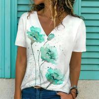 Camiseta de Manga Corta con Cuello en V Moda Blanca para Mujeres Estampado 3D de Lavanda - details 2