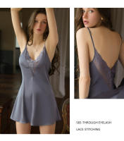Grandeur Plus Size Sexy Color sólido Encaje Bordado Bata Cardigan Vestido de corte bajo Conjunto de ropa de descanso - details 16