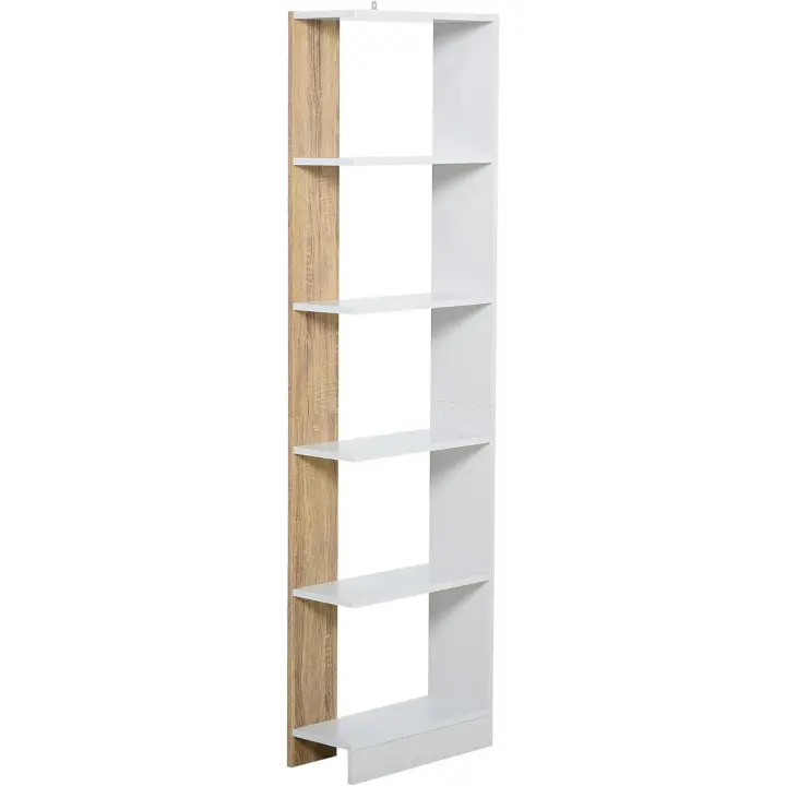 Estantería de Almacenaje con 5 Estantes Librería Multiusos para Estudio Oficina con Base Elevada Diseño Elegante 45x21x170 cm Blanco y Roble - 1