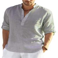 Camiseta Henley de lino y algodón para hombre, camisa de manga larga, Hippie, informal, para playa, color blanco, talla S-5XL - details 14
