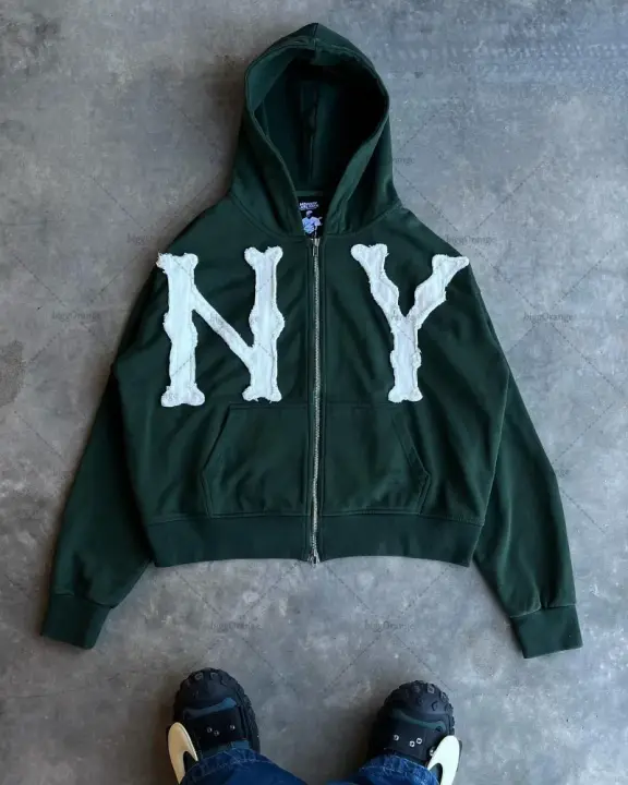 Y2k Harajuku Retro Moda Sudadera,Letra Bordada Sudadera de gran tamaño para las mujeres,High Street Moda Sudadera con capucha suelta con cremallera para los hombres - 1