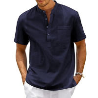 Camisa De Algodón Y Lino Para Hombre Estilo Casual Vintage Con Bolsillo Y Cuello Henley Camiseta De Color Sólido Para Playa Y Calle - details 6