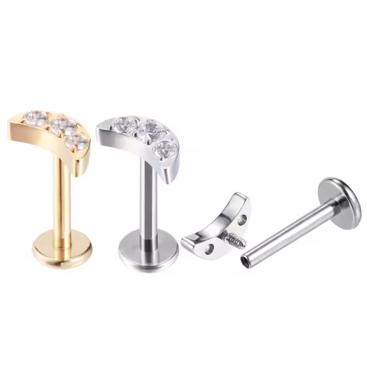 1 ud. G23 titanio roscado interno Labret Studs bisel circonita soldadura Luna titanio labio Piercing - 1
