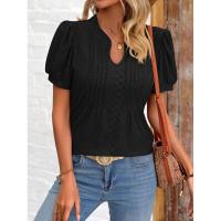 Camiseta holgada de Color sólido de manga corta con cuello en V para mujer a la moda de estilo coreano para verano - details 6
