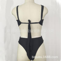 2025 nuevo bikini sexy de color sólido con cordones de una pieza con traje de baño negro ahuecado sin espalda para mujer - details 28