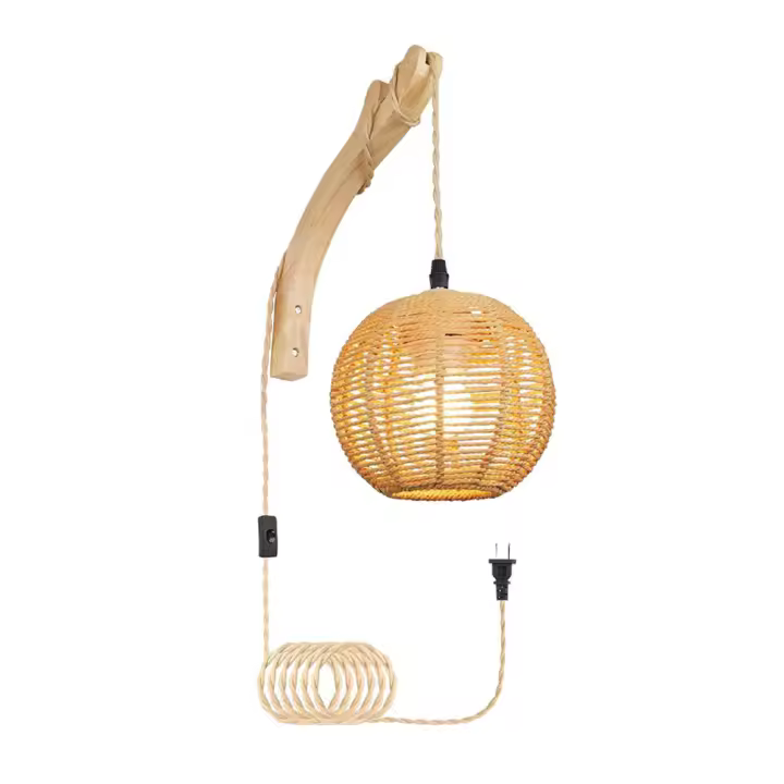 Lámpara de pared de ratán con cable enchufable, tejido a mano, estilo bohemio, lámpara de pared colgante de granja, candelabro fijo - 1