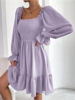 Vestido elegante de manga larga con cuello liso y volantes para mujer - details 17