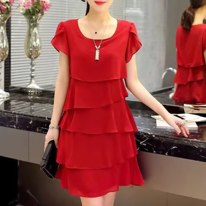 Novedad de verano, vestidos de gasa de retales para mujer, vestido suelto Irregular de manga corta de Color sólido, moda elegante - 1
