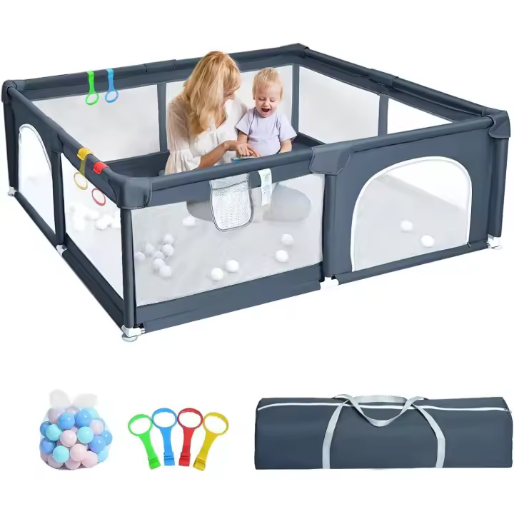 150x180cm - Parques de Juegos para Bebé con Malla Transpirable, Corralito Bebe Plegable con 50 Bola de Océano y 4 Anillas para Niños, gris - 1