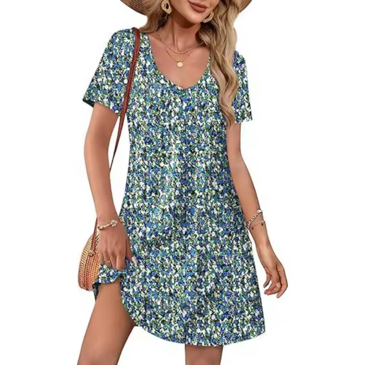 Vestido casual con bolsillo y manga corta estampada con escote en V - 1