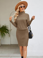 Vestido largo de punto para mujer, prenda ajustada con cuello de tortuga, manga de murciélago, falda por encima de la rodilla, Color liso, novedad de 2023 - details 6