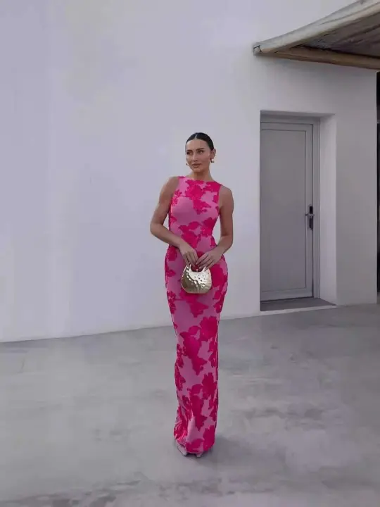 Elegante Vestido de Fiesta 3D sin Mangas para Mujer 2024 Vestido Maxi de Moda de Hipo Adelgazante con Bordado de Malla - 1