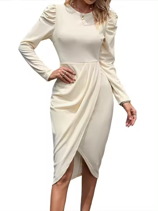Vestido elegante y hermoso de manga larga con cuello redondo y abertura en la rodilla para mujer, a la moda en 2025 - 1