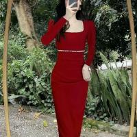 Vestido ajustado de estilo Hepburn, temperamento largo de gama alta de otoño para mujer con mangas y cuello cuadrado negro - details 4