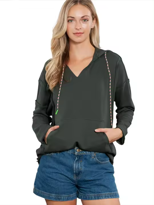 Sudadera con capucha y cuello en V para mujer Top informal de manga larga a la moda - 1