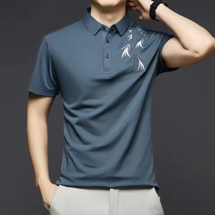 Polo bordado de nuevo estilo, camiseta con cuello y manga corta, con bordado de bambú como base para hombres chinos - 1