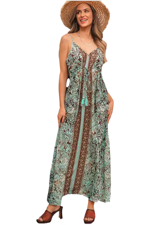 Vestido Maxi de Cintura con Borlas y Espalda Desnuda con Estampado Floral Verde, Tallas S-XL - 1