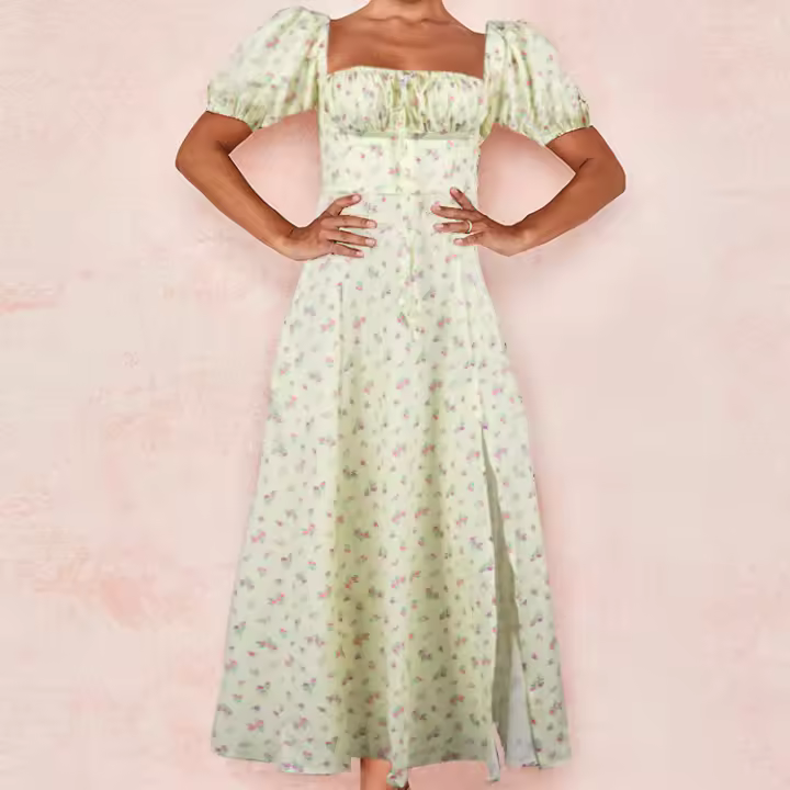 Vestido de primavera 2025 para mujer, estilo europeo y americano, estampado floral francés, sin espalda, con abertura y tirantes finos. - 1