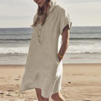 L-5XL de algodón y lino para mujer, vestido holgado de manga corta con botones y bolsillos de solapa, Color liso, talla grande, Verano - details 2