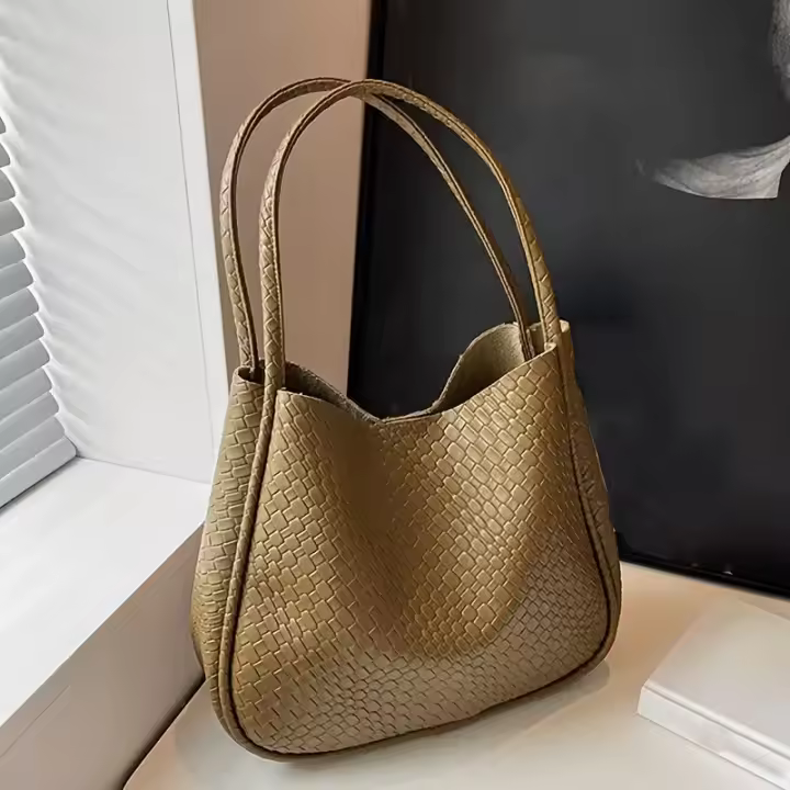 Bolso de hombro tejido de gran capacidad para mujer - Bolso de mano texturizado elegante con cierre magnético y correas fijas, bolso informal elegante de color sólido para ir al trabajo, ir de compras, citas (caqui/marrón claro/verde/negro), accesorio par - 1