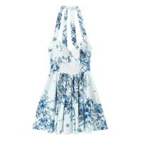 Vestido de verano 2025 con estampado floral, cuello halter en contraste de color, sin espalda, falda corta, nueva moda para mujer - details 1