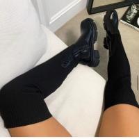 Botines de terciopelo elástico con tacón grueso hasta la rodilla para mujer, talla grande, ante - details 2