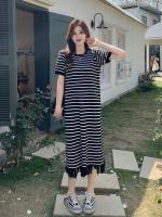Vestido de punto a rayas de manga corta con borlas francesas para mujer en verano, falda larga fina, de alta gama, elegante y hermosa - details 13