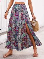 Falda larga étnica personalizada con estampado de abertura A-e para primavera y verano, falda larga estilo bohemio de vacaciones a la moda para mujer - details 2