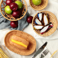 Bandeja tejida de ratán, cesta redonda hecha a mano para almacenamiento de alimentos y frutas, tienda de conveniencia - details 4