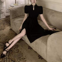 Cheongsam falda larga juvenil de temperamento de alta gama, vestido negro de estilo chino, novedad de verano, ropa de mujer - details 6