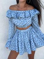 Marthaqiqi - Conjunto de pijama de lunares para mujer, top de manga larga con cuello diagonal, falda corta, pijama, Tre - details 6