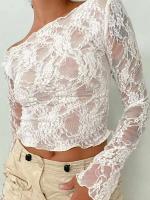 Combhasaki Y2K Vintage Off-Shoulder Crop Tops transparentes de encaje floral de manga larga transparente camiseta jerseys club streetwear - details 6