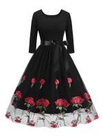 Elegante Vestido de Malla Bordada de Rosa Vestido de Fiesta de Otoño con Cinturón - details 1