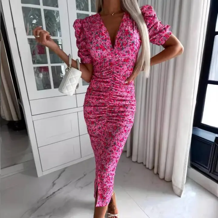 BUNO-Vestido Floral para mujer, vestidos ajustados a la cadera de manga corta y cintura alta, ropa femenina de moda, vestido veraniego para vacaciones y playa 2025 - 1