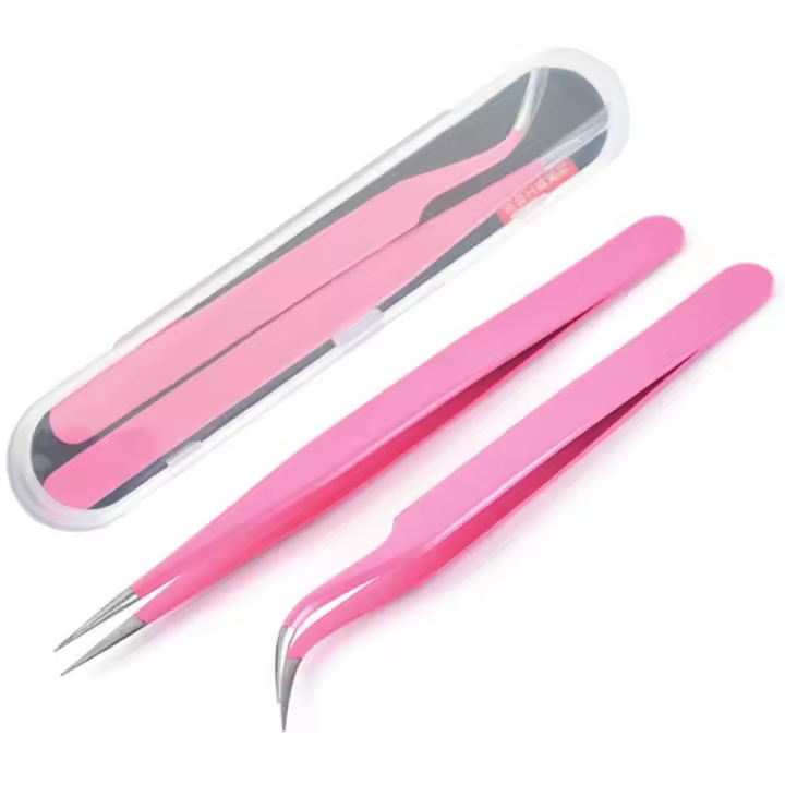 Pinzas para pestañas postizas, paquete de 2 pinzas de acero inoxidable para extensiones de pestañas postizas de punta recta y curva, color rosa - 1