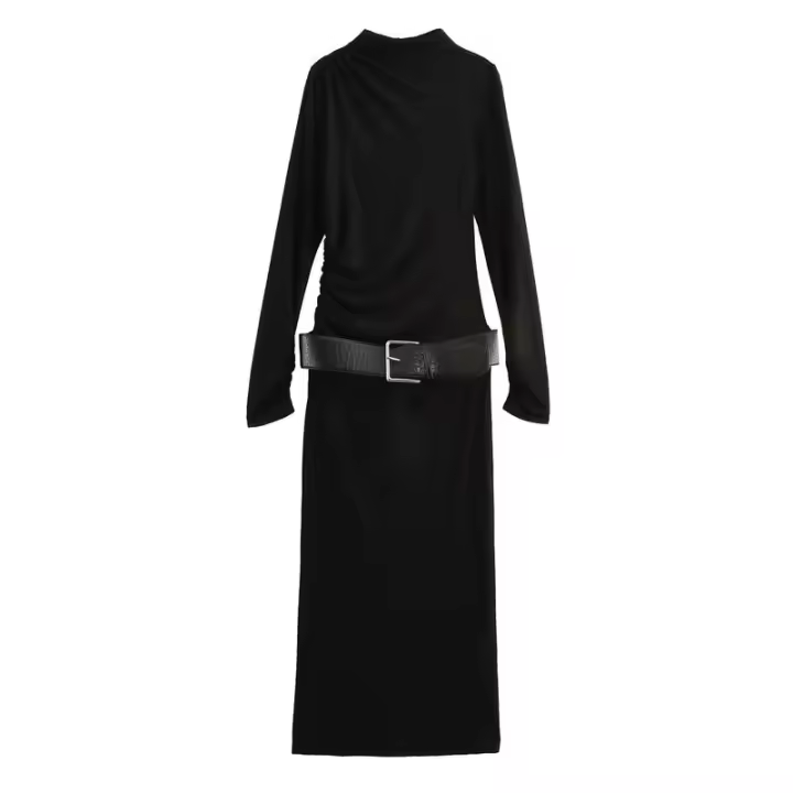 Vestido de manga larga para mujer estilo europeo americano, cinturón con cuello alto, moda Otoño/Invierno - 1