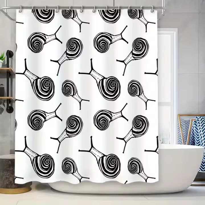 Cortina de ducha con estampado de caracol, cortina de ducha de tela impermeable en blanco y negro, decoración de baño para cocina, barra para colgar fácil incluida (blanco con 16 Sna - 1