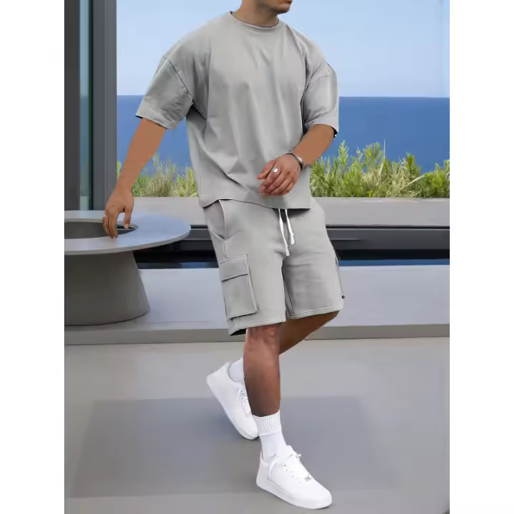 Conjunto Deportivo Casual para Hombres de Poliéster Camiseta con Pelo y Shorts de Cinturón con Bolsillos Perfecto para el Verano Lavable en Máquina - 1