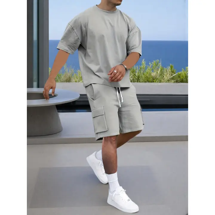 Conjunto Deportivo Casual para Hombres de Poliéster Camiseta con Pelo y Shorts de Cinturón con Bolsillos Perfecto para el Verano Lavable en Máquina - 1