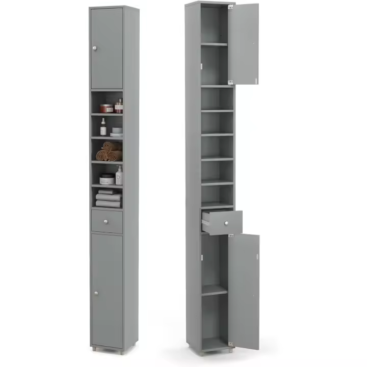 Armario de Baño Alto, Columna Auxiliar para Almacenamiento de Baño, con 2 Armarios y 1 Cajón, Organizador Armario Estrecho 20 x 20 x 180 cm, para Inodoro, Oficina - 1