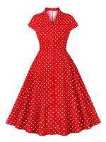 Elegante Vestido de Verano con Cuello de Giro Estilo Vintage Haruku Manga de Gorro Puntos Rojos - details 1