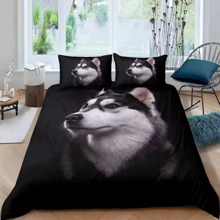 Funda de edredón Husky Funda de edredón Cachorro Mascota Flor Floral Selva Paisaje natural Lindo Animal Juego de cama Poliéster Doble Queen King Funda de edredón - 1