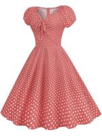 Elegant vintage dot print women summer puff short sleeve v neck casual a-line midi party dress - details 10