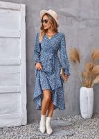 Elegante Vestido Midi de Moda Retro Cuello en V Floral Largo Mango para Mujeres - details 24