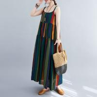 Vestido de Lino de Algodón a Rayas de Color Bloque Falda A-Línea de Moda de Verano con Cintura Suelta y sin Correas Vestido Largo Artístico para Mujeres - details 3